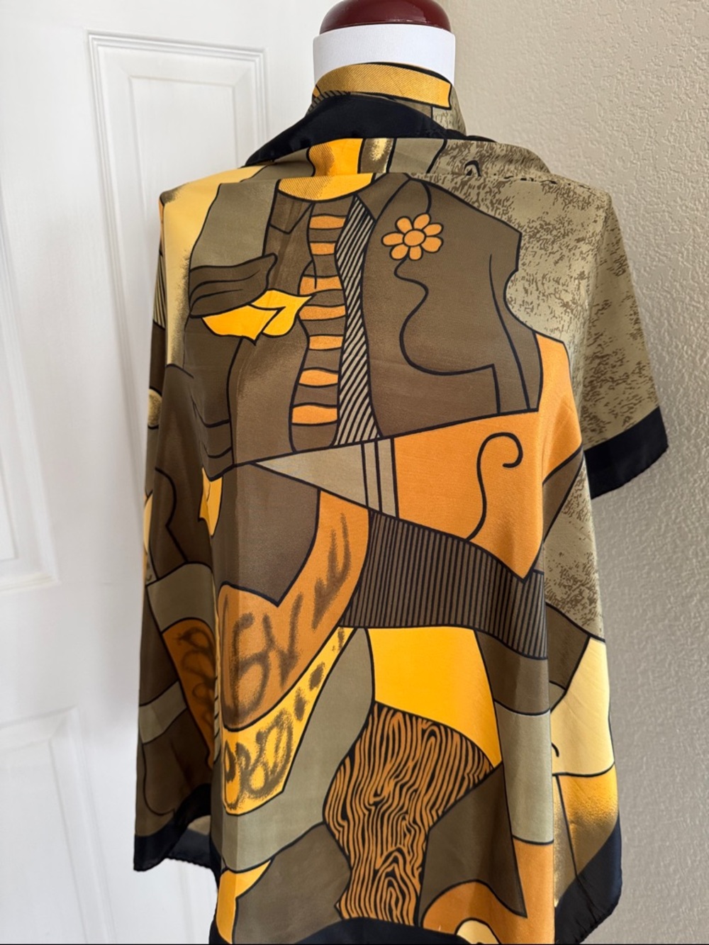 Picasso Silk Vintage Geometric Abstract Print Scarf in Mustard, Brown & Black